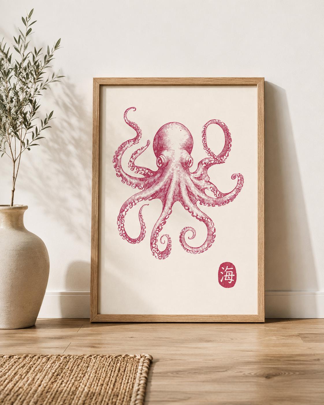 Pink Octopus Wall Art, Japanese Sea Life Canvas, Coastal Nautical Decor