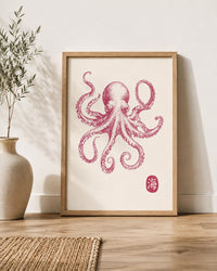 Pink Octopus Wall Art, Japanese Sea Life Canvas, Coastal Nautical Decor