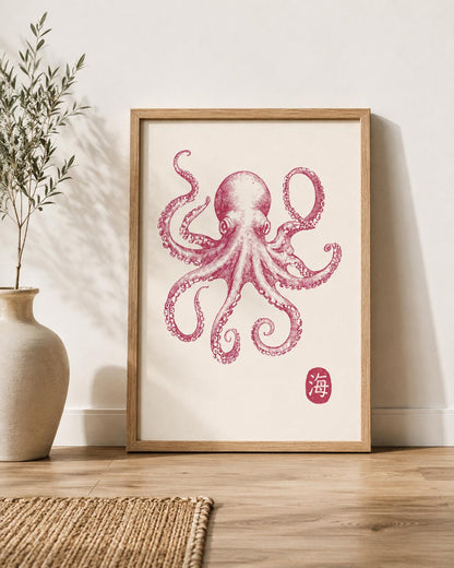 Pink Octopus Wall Art, Japanese Sea Life Canvas, Coastal Nautical Decor