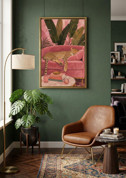Sleeping Cheetah Wall Art, Pink Tropical Living Room Canvas, Luxury Pink Print