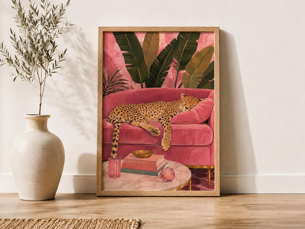 Sleeping Cheetah Wall Art, Pink Tropical Living Room Canvas, Luxury Pink Print