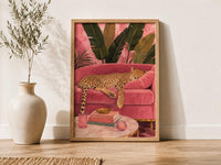 Sleeping Cheetah Wall Art, Pink Tropical Living Room Canvas, Luxury Pink Print