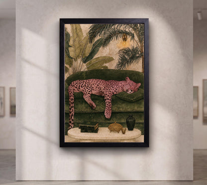Pink Leopard Wall Art, Luxury Tropical Jungle Decor, Maximalist Animal Print