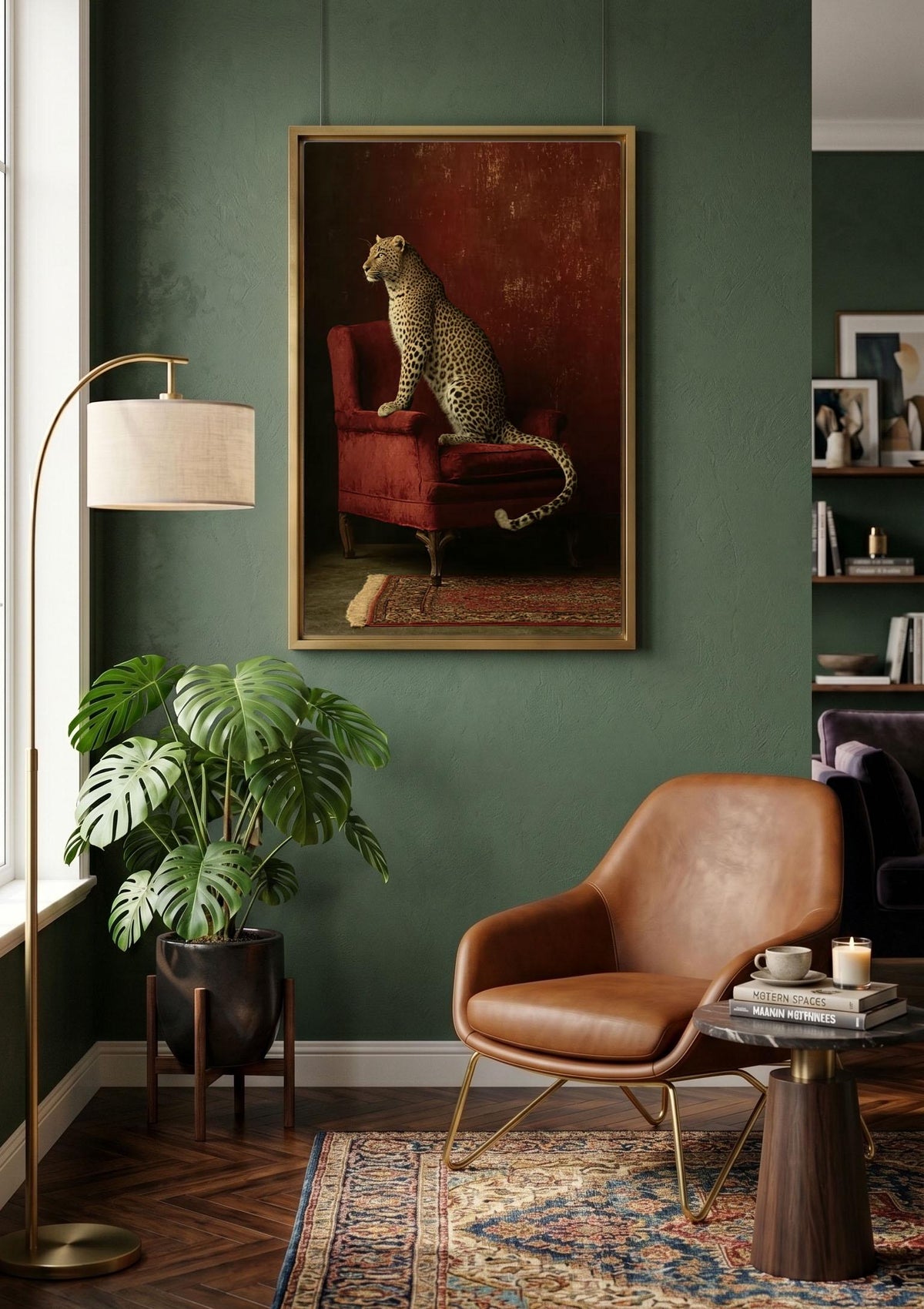 Leopard on Red Chair Wall Art,  Luxury Leopard Canvas,Rich Burgundy Tones with Leopard