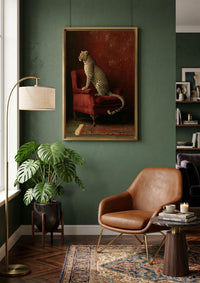 Leopard on Red Chair Wall Art,  Luxury Leopard Canvas,Rich Burgundy Tones with Leopard