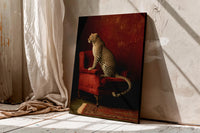 Leopard on Red Chair Wall Art,  Luxury Leopard Canvas,Rich Burgundy Tones with Leopard
