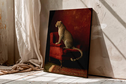 Leopard on Red Chair Wall Art,  Luxury Leopard Canvas,Rich Burgundy Tones with Leopard