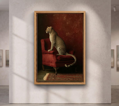 Leopard on Red Chair Wall Art,  Luxury Leopard Canvas,Rich Burgundy Tones with Leopard
