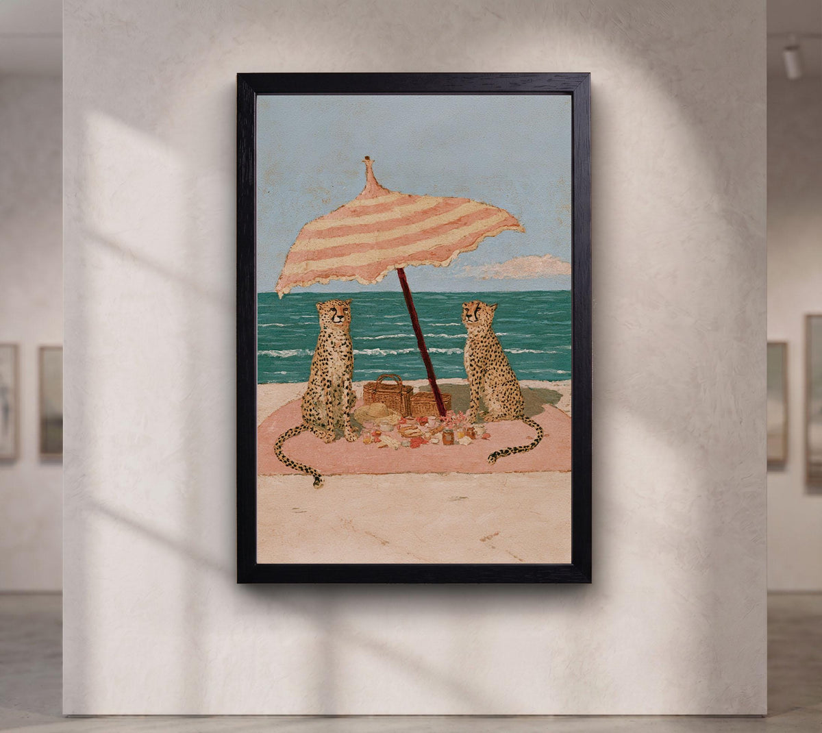 Cheetah Beach Picnic Wall Art, Pink Coastal Print, Retro Animal Poster, Whimsical Beach House Summer Decor