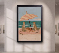 Cheetah Beach Picnic Wall Art, Pink Coastal Print, Retro Animal Poster, Whimsical Beach House Summer Decor