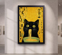 Gustav Klimt Black Cat Eating Noodles Wall Art, Whimsical Gold Cat Canvas, Funny Kitchen Decor, Pasta Prints