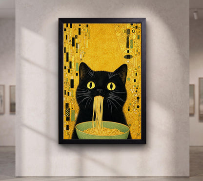 Gustav Klimt Black Cat Eating Noodles Wall Art, Whimsical Gold Cat Canvas, Funny Kitchen Decor, Pasta Prints