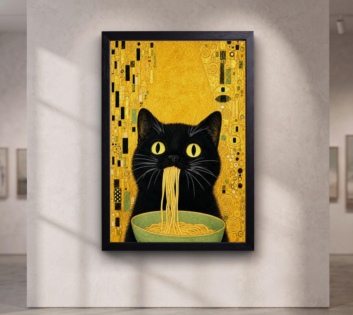Gustav Klimt Black Cat Eating Noodles Wall Art, Whimsical Gold Cat Canvas, Funny Kitchen Decor, Pasta Prints