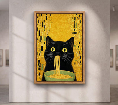 Gustav Klimt Black Cat Eating Noodles Wall Art, Whimsical Gold Cat Canvas, Funny Kitchen Decor, Pasta Prints