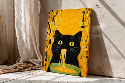 Gustav Klimt Black Cat Eating Noodles Wall Art, Whimsical Gold Cat Canvas, Funny Kitchen Decor, Pasta Prints