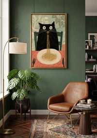 Funny Black Cat Eating Spaghetti Wall Art, Whimsical Kitchen Canvas Print, Funny Kitchen Decor, Pasta Prints