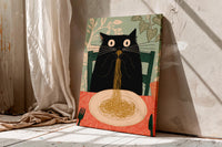 Funny Black Cat Eating Spaghetti Wall Art, Whimsical Kitchen Canvas Print, Funny Kitchen Decor, Pasta Prints