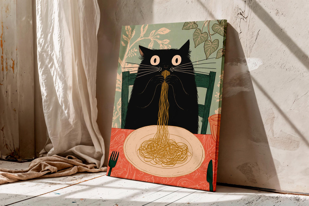 Funny Black Cat Eating Spaghetti Wall Art, Whimsical Kitchen Canvas Print, Funny Kitchen Decor, Pasta Prints