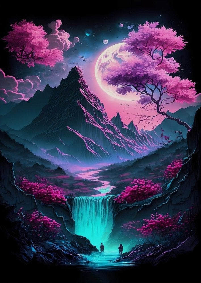 Neon Cherry Blossom Fantasy Landscape Canvas Art