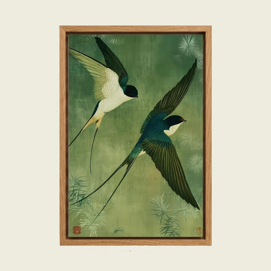 Japanese Swallow canvas wall art in a floating oak frame
