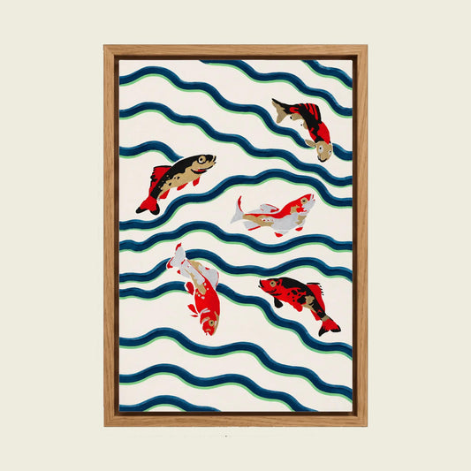 Koi Fish canvas wall art in a floating oak frame
