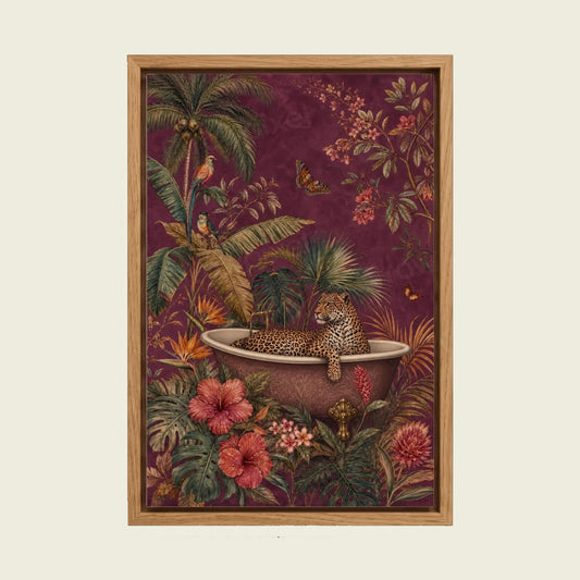 Leopard in the Bathtub canvas wall art in a floating oak frame
