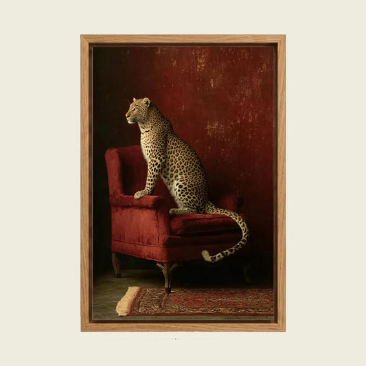 Leopard on a Red Chair canvas wall art in a floating oak frame