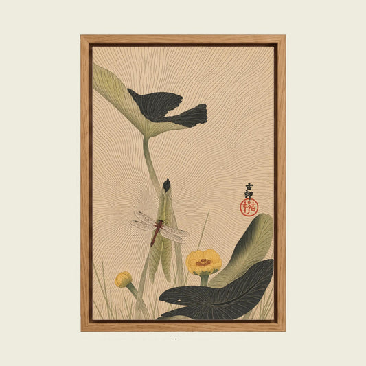 Dragonfly and Lotus by Ohara Koson canvas wall art in a floating oak frame