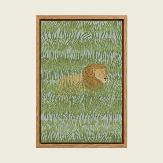 Scandinavian Lion canvas wall art in a floating oak frame