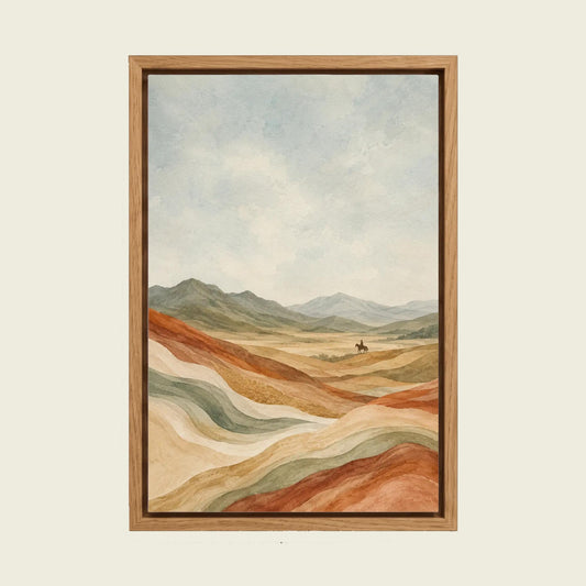 Lone Rider in the Painted Hills canvas wall art in a floating oak frame