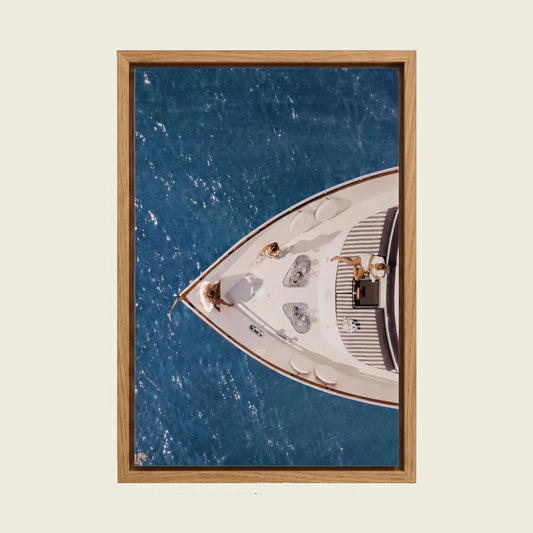 Old Money Yacht canvas wall art in a floating oak frame