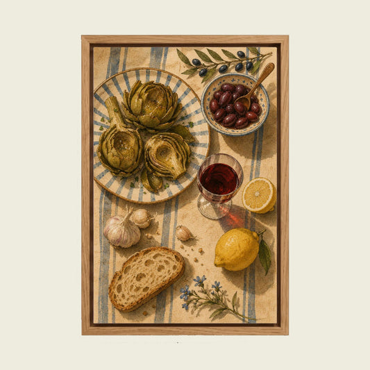 Mediterranean Artichoke Still Life canvas wall art in a floating oak frame