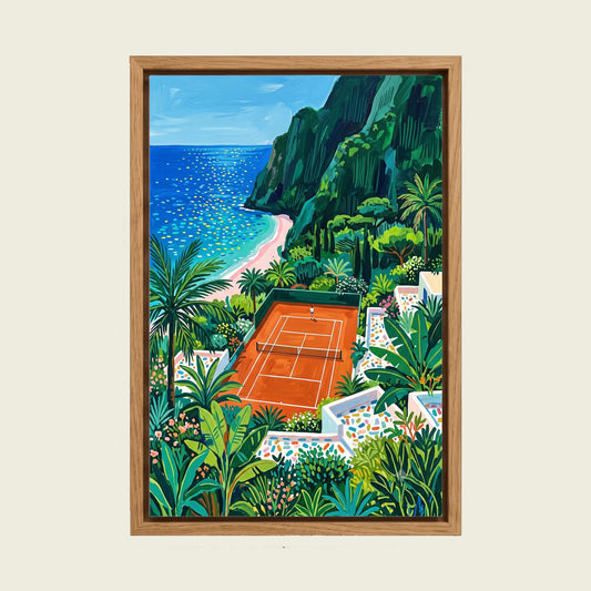 Mediterranean Tennis Court canvas wall art in a floating oak frame
