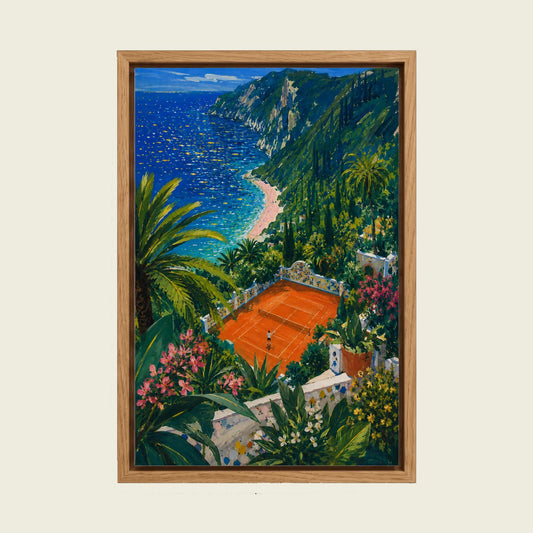 Mediterranean Tennis Court II canvas wall art in a floating oak frame