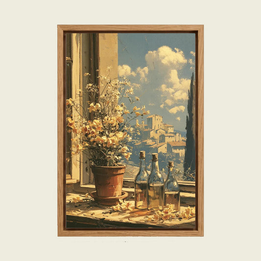 Mediterranean Window View canvas wall art in a floating oak frame