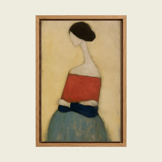 Faceless Woman canvas wall art in a floating oak frame