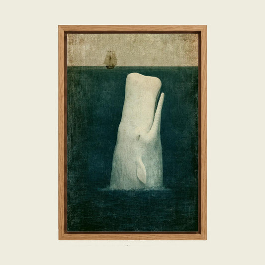 Moby Dick canvas wall art in a floating oak frame