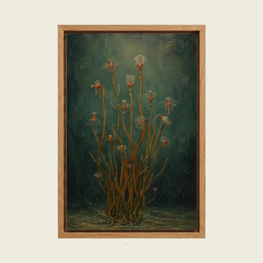 Moody Green Floral canvas wall art in a floating oak frame