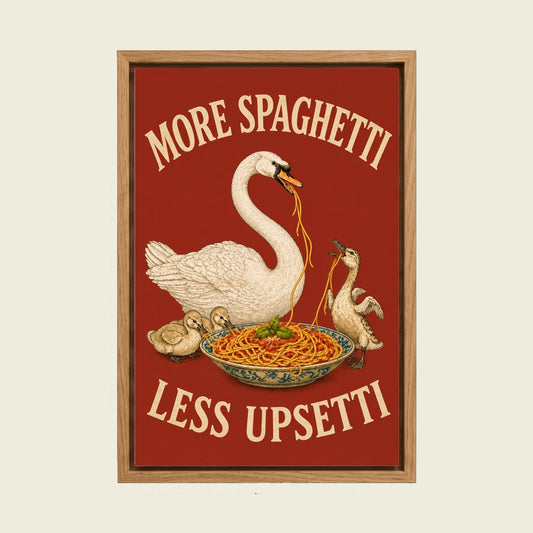 More Spaghetti Less Upsetti Duck Family canvas wall art in a floating oak frame