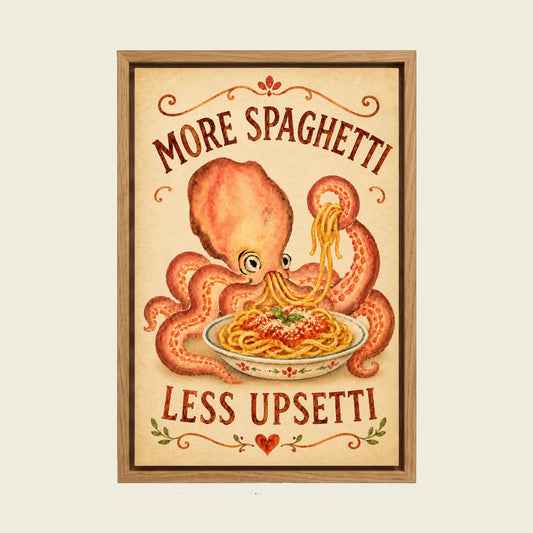 More Spaghetti Less Upsetti Octopus II canvas wall art in a floating oak frame