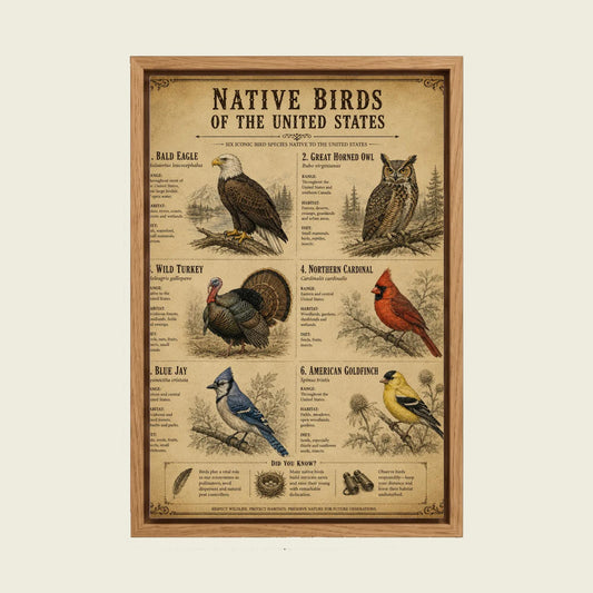 Native Birds of the United States canvas wall art in a floating oak frame