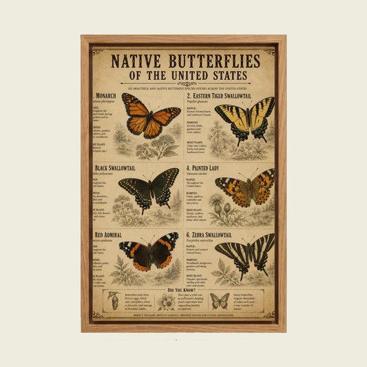 Native Butterflies of the United States canvas wall art in a floating oak frame