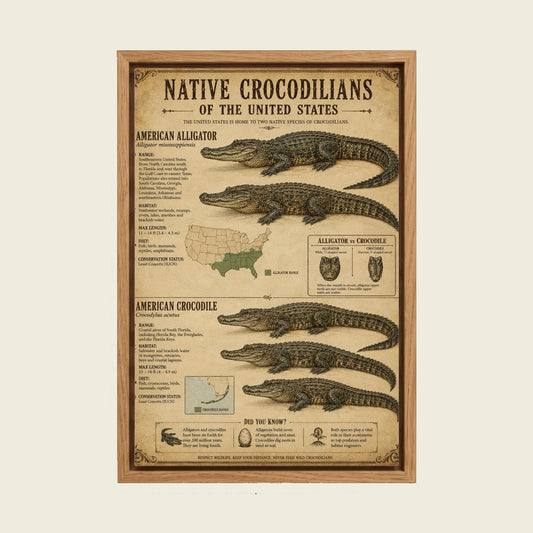 Native Crocodilians of the United States canvas wall art in a floating oak frame