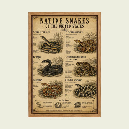 Native Snakes of the United States canvas wall art in a floating oak frame