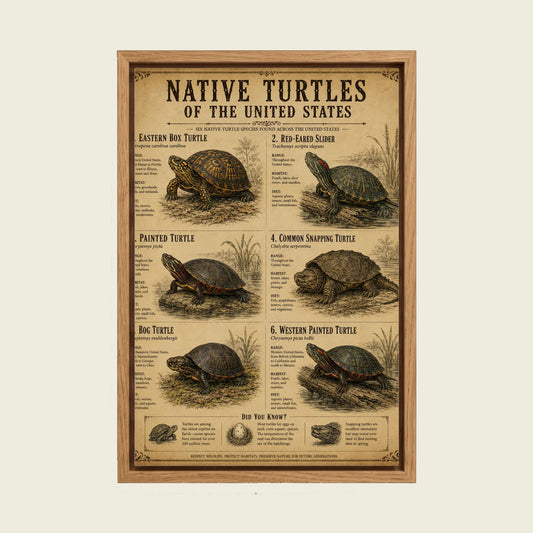 Native Turtles of the United States canvas wall art in a floating oak frame