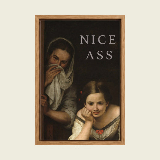 Nice Ass Bathroom canvas wall art in a floating oak frame