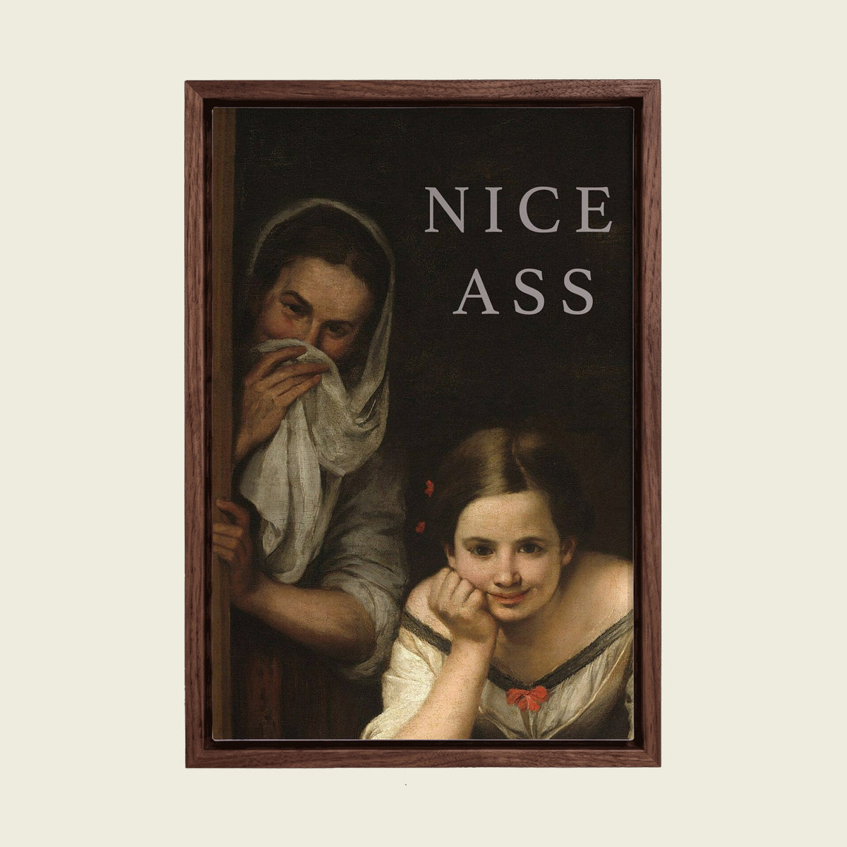Nice Ass Bathroom canvas wall art in a floating walnut frame
