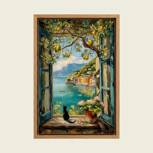 Open Window, Black Cat and Lemon Tree canvas wall art in a floating oak frame