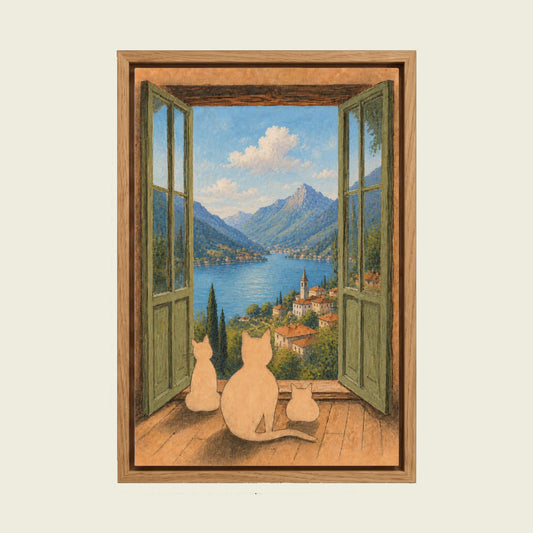 Open Window and Cats canvas wall art in a floating oak frame