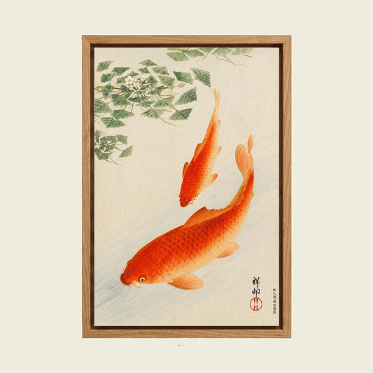 Orange Koi Fish canvas wall art in a floating oak frame